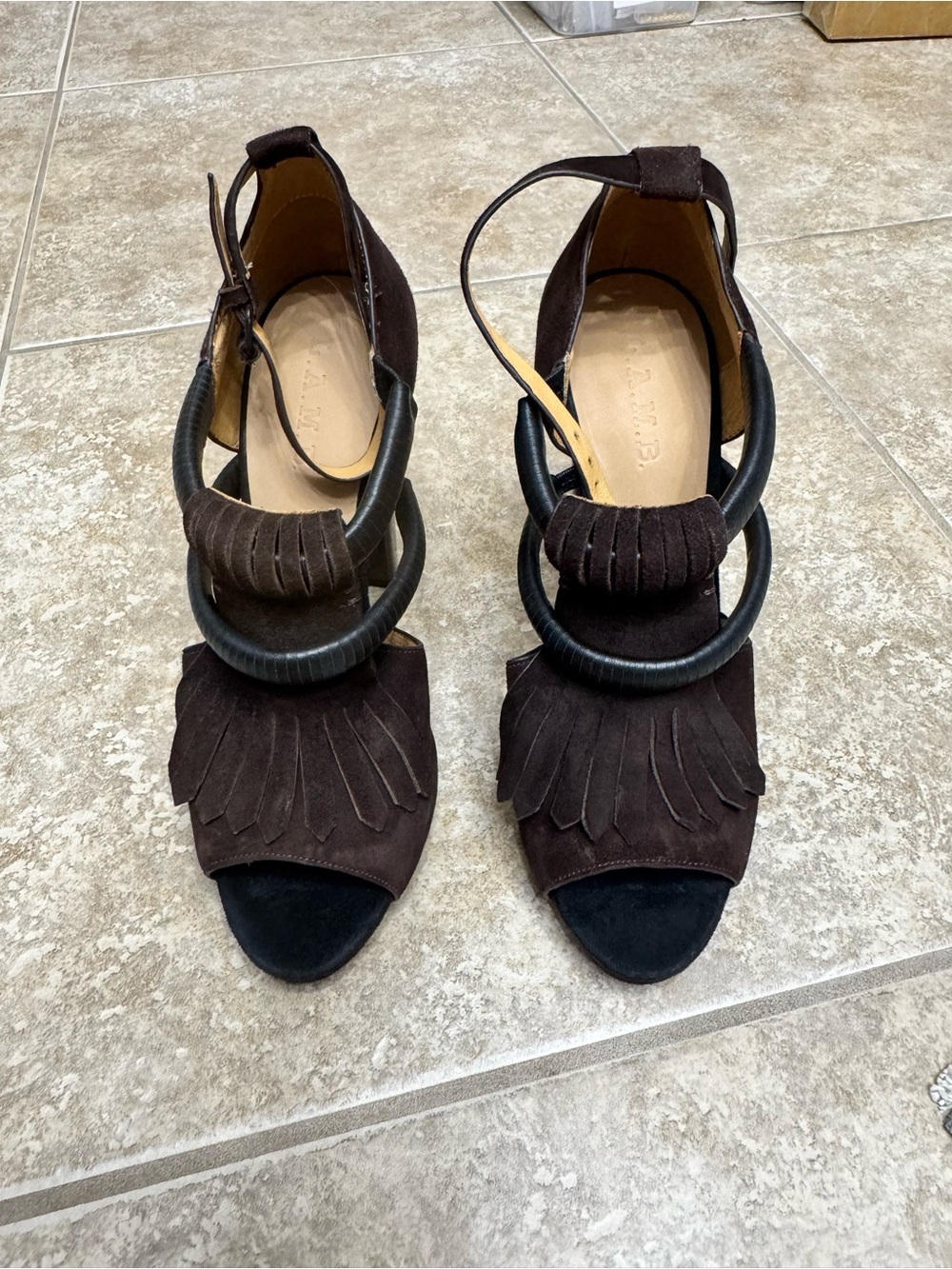 L.A.M.B. Black Brown Suede Fringe Platform Heel Sandals - Picture 3 of 7